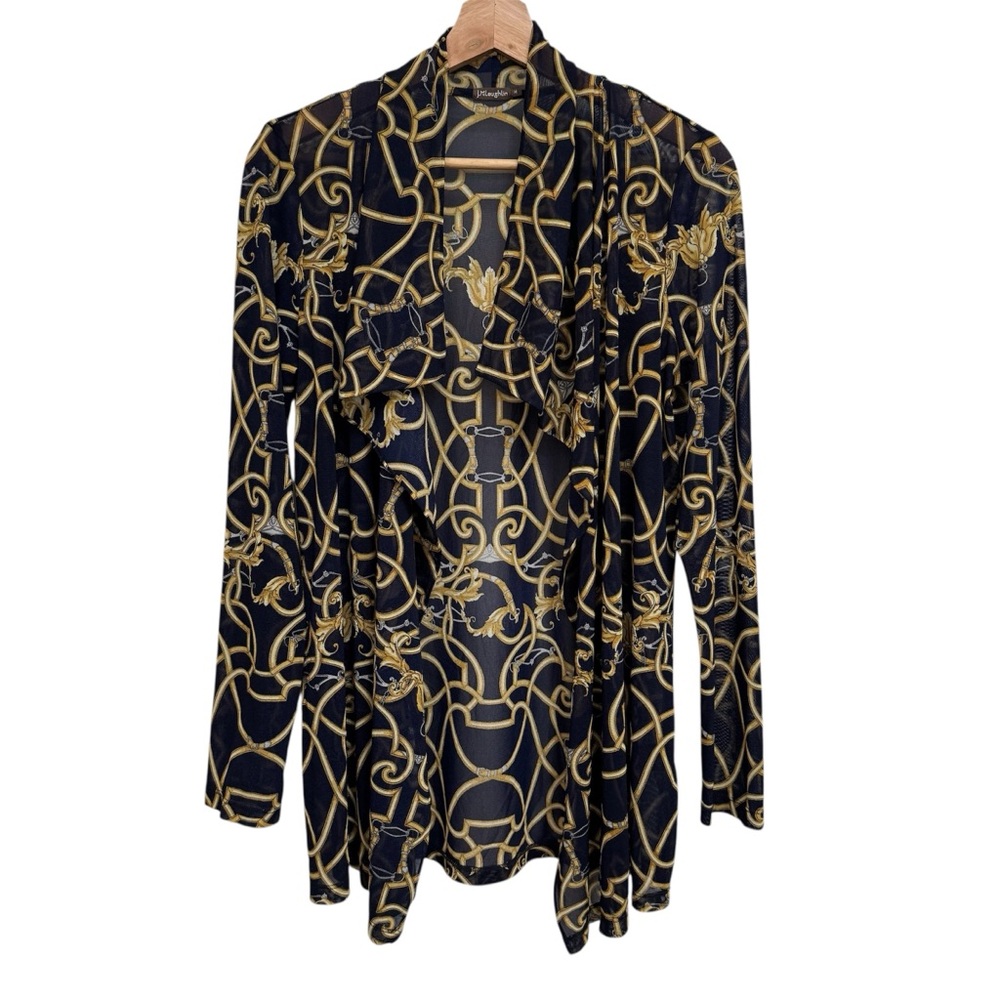 J. McLaughlin Equestrian Print Open Front Semi-Sheer Blouse Top Women Medium